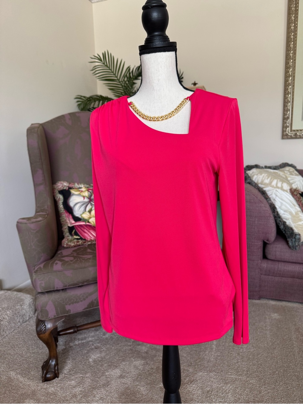 INC International Concepts Fuchsia Long Sleeve Top with Gold Chain Accent
